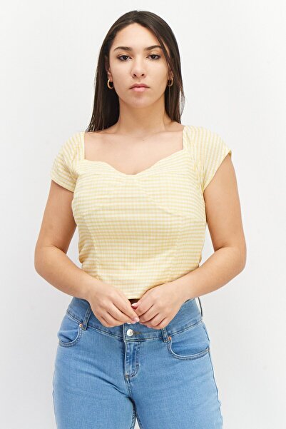 BB Dakota by Steve Madden Women Queen Anne Neckline Short Sleeve Gingham Top,...
