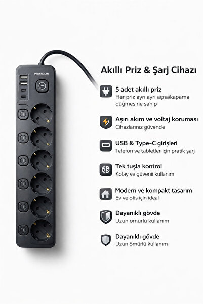 ROSE TEKNOLOJİ AKIM KORUMA VE ÇOCUK KİLİTLİ 5 PRİZ 2 USB 2 TYPE-C GİRİŞLİ 2 M...