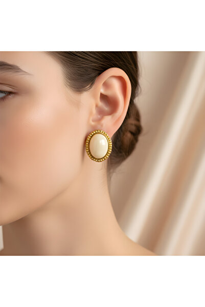 mos&more Gold Krem Taşlı Oval Şık Kadın Küpe