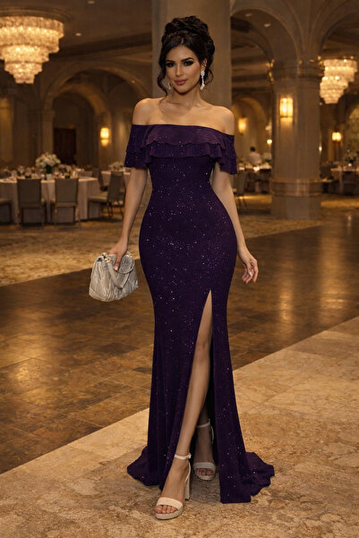 ALPACO Simli Fukuro Kumaş Straplez Yaka Kat Yırtmaçlı Abiye Elbise -Koyu Mor