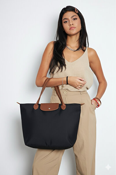 Madame Folding Zippered Large Size Women's Hand and Shoulder Bag Black / Tan