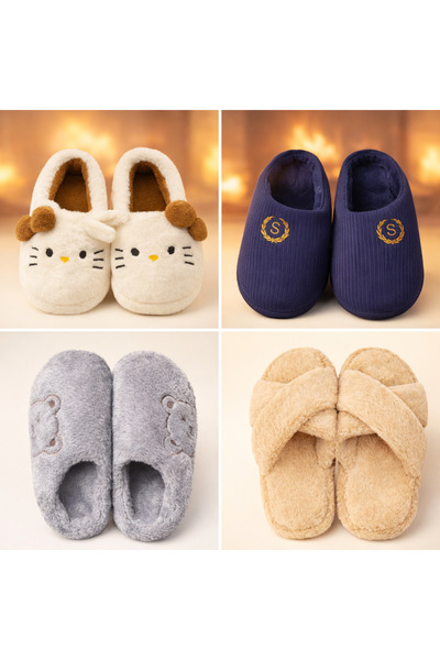 OUTLET41 Family Size Plush House Slippers Set – with Teddy Bears & Cross Stra...
