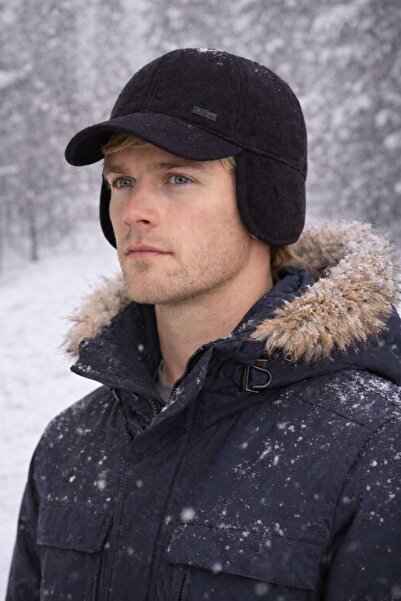 Prahar قبعة شتوية سوداء للرجال بتفاصيل سماعات أذن مخملية الملمس