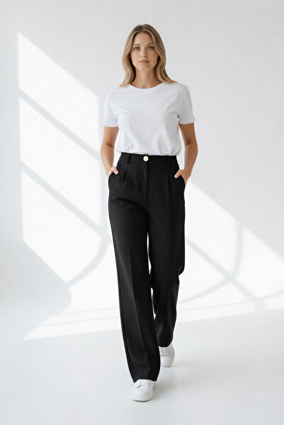 Fast Perry Yüksek Bel Lastikli Geniş Paça Palazzo Dokuma Kadın Pantolon