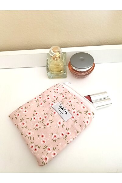 Se&On dizayn Pembe cicek desenli beyaz fermuarlı astarli küçük cüzdan mini ma...