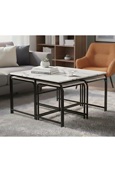Nokta Sehpa Home 5Lİ DEMET 4+1 ORTA SEHPA siyah beyaz mermer desen mdf