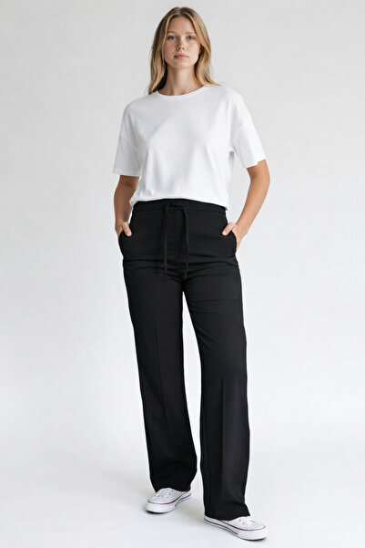 snow basic Wide Leg Elastic Waist Women's Fabric Trousers