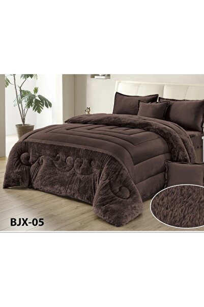 Moon طقم مفرش نفر 4 قطع شتوي حشوة وسط مخمل ناعم مع فرو سادة ذو وجهين خامة مخم...