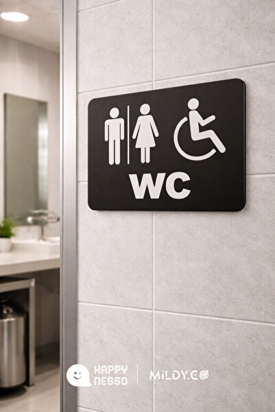 Happynesso WC Yönlendirme Serisinden SİYAH Pleksi üstü ERKEK & KADIN & ENGELL...