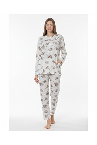 5.MEVSİM Women's Long Sleeve Cotton Front Button Floral Print Mom Pajamas