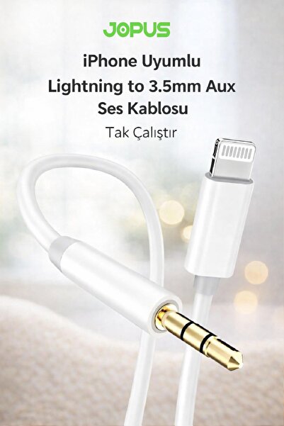 Jopus iPhone Uyumlu Lightning to 3.5mm Aux Kablosu Tak Çalıştır Beyaz 1 Metre