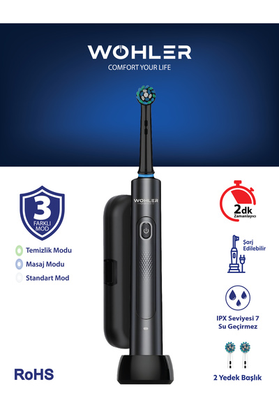 Wohler Değiştirilebilir Başlıklı Şarj Edilebilir Elektrikli Diş Fırçası - Siyah