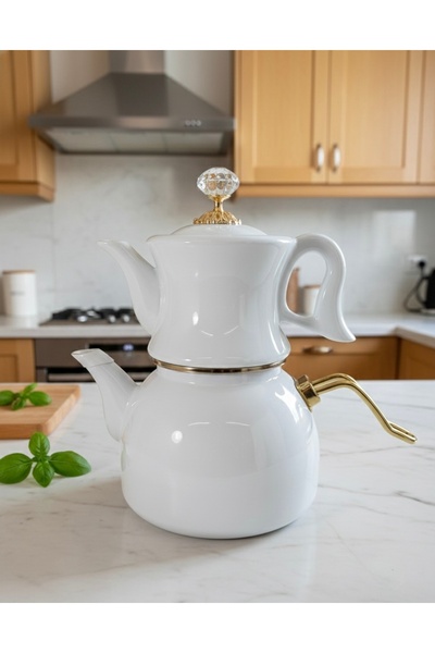 EmayeBurada Porselen Demlikli Emaye Çaydanlık Beyaz