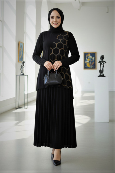 modamira Kadın Sandy Siyah Tarz Tasarım Davet Bluz Taş Detaylı Piliseli İkili...