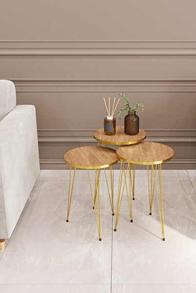 alpaevmobilya 3'lü Gold Tel Ayaklı Yuvarlak Zigon Sehpa Takımı - Modern Salon...