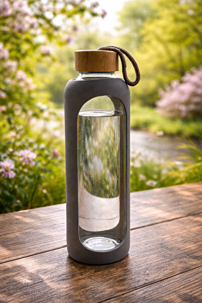 MİMOZA PARK زجاجة ماء من الزجاج البوروسيليكات سعة 1 لتر مع غطاء من الخيزران