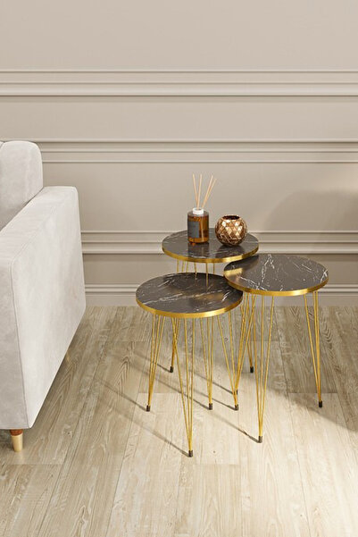 alpaevmobilya Modern 3'lü Yuvarlak Zigon Sehpa Metal Tel Ayaklı Salon Sehpası