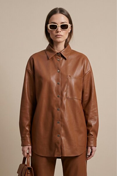 Grenj Fashion Cămașă oversize din piele maro cu buzunar