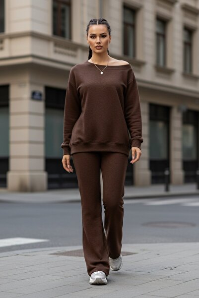 Mossta Off-The-Shoulder Two-Thread Blouse Pants Two-Piece Set - Brown