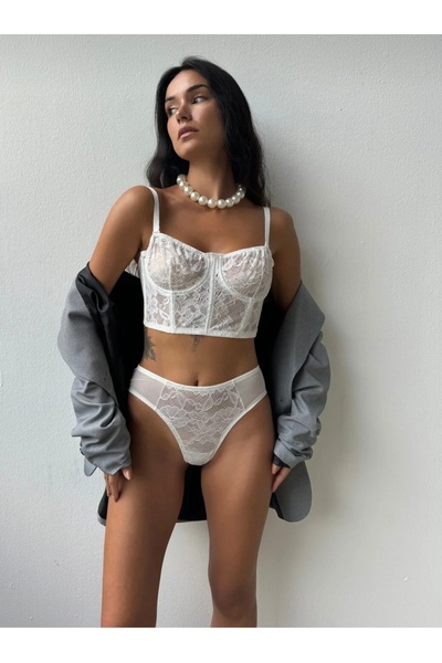 Ayloria Lingerie Set corset din dantelă albă și chiloți Silip