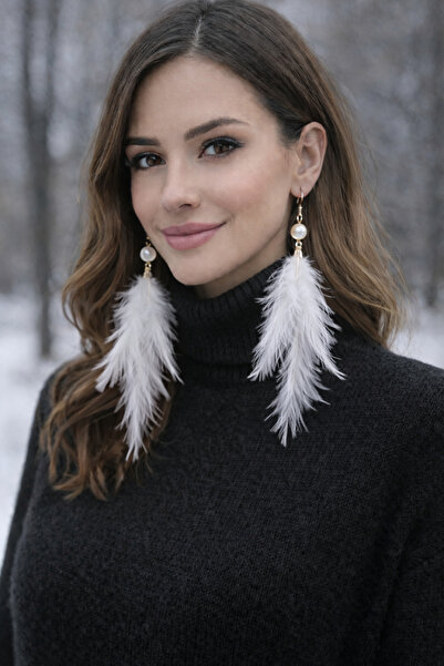 SYAZE White Feather Earrings with Pearl Bead Detail - Boho Style Earrings