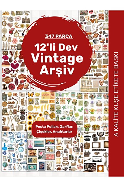 alışveriş kurdu 12'li Vintage Sticker Etiket Seti - Planner Ajanda Telefon Ta...