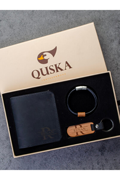 Quska Kişiye Özel İsimli El Yapımı Hakiki Deri Siyah Cüzdan+Anahtarlık+Bilekl...