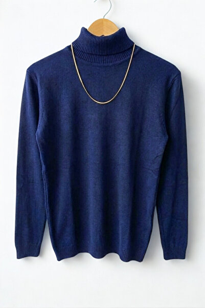 A&O Style Pulover pentru bărbați, albastru marin slim fit cu gât înalt