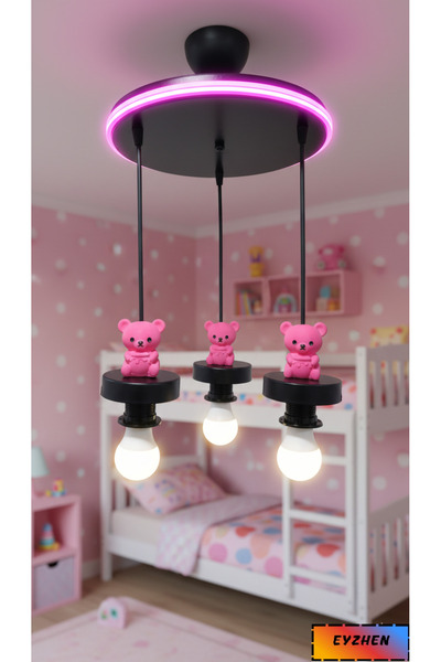 Eyzhen Bebek/Çocuk Odası El Yapımı Taş Pembe Ayıcık Figürlü Neon Ledli 3'lü S...