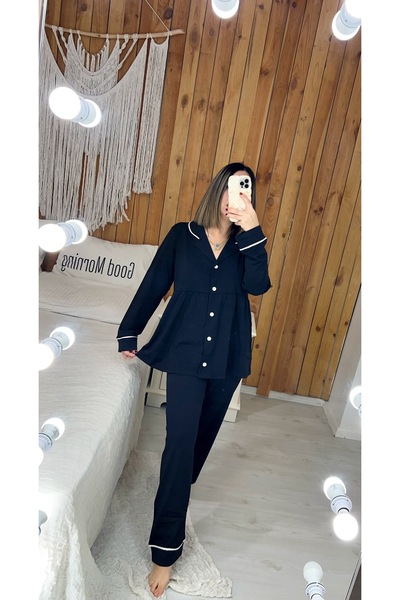 Pijamapartisi Siyah Renk Penye Kumaş Pileli Hamile Lohusa Pijama Takımı (geni...