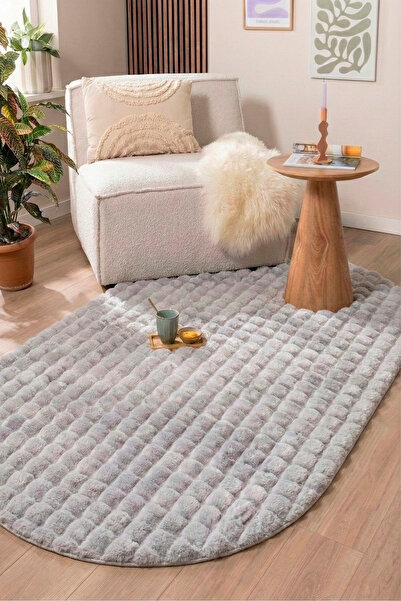 ECOSER Puffy Bubble Tavşan Tüyü Post Kaymaz Taban Yıkanabilir Gri Peluş Oval ...