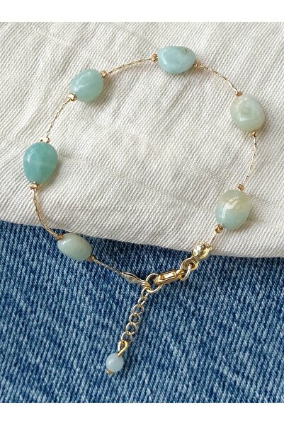By Song Aksesuar سوار من الأحجار الطبيعية من الأمازونيت مع سلسلة فولاذية