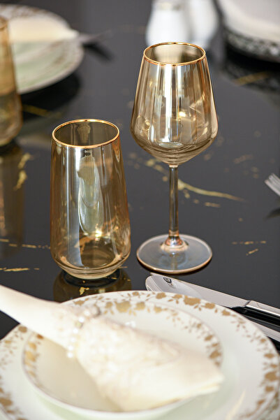 P H Panayır Home 18 Parça Gold Altın Yaldız Su Meşrubat ve Kadeh takımı Yemek...