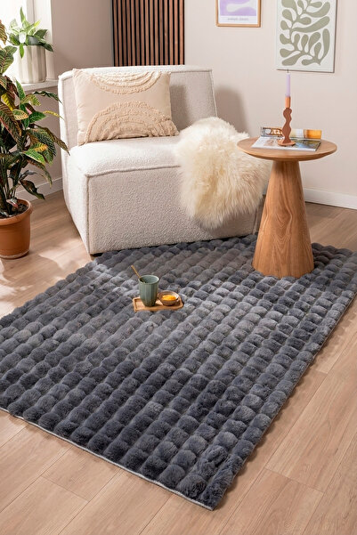 ECOSER Puffy Bubble Tavşan Tüyü Post Kaymaz Taban Yıkanabilir Antrasit Peluş ...