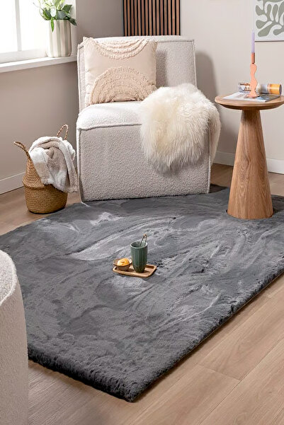 ECOSER Puffy Tavşan Tüyü Post Kaymaz Taban Yıkanabilir Antrasit Peluş Halı Sa...