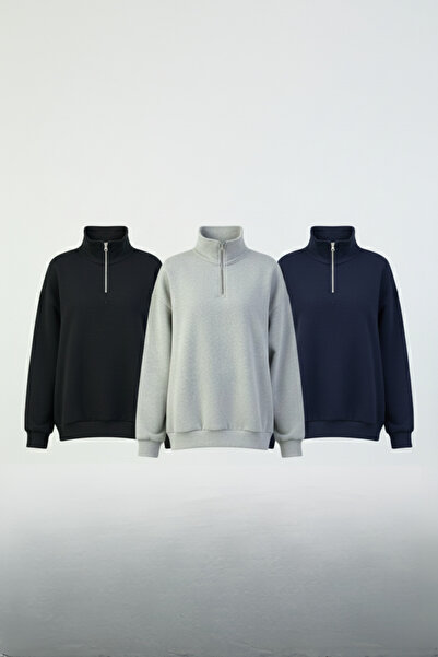 KOZİA OUTDOORS Pachet de 3 hanorace oversize cu guler înalt, negru, bleumarin...