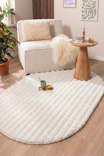 ECOSER Bubble Beyaz Oval Tavşan Tüyü Peluş Halı Post Kaymaz Taban Yıkanabilir...
