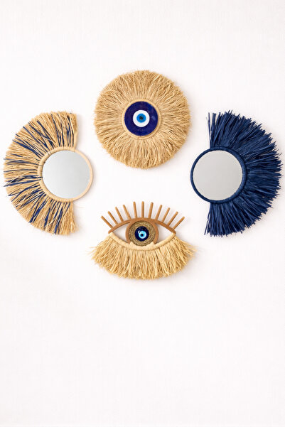 Bubihome Tasarım Dörtlü Bohem Rafya Ayna Seti Nazar Boncuğu & Hasır Göz & Yel...