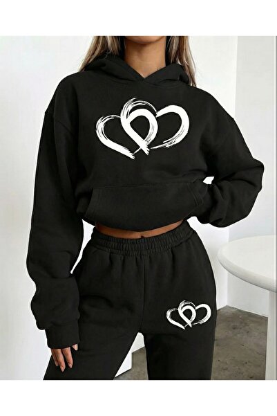 LELVANİ Heart Patterned Print Bottom-Top Hooded Tracksuit Set