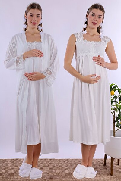 Effortt Ekru Sabahlıklı Hamile Lohusa Gecelik Takım