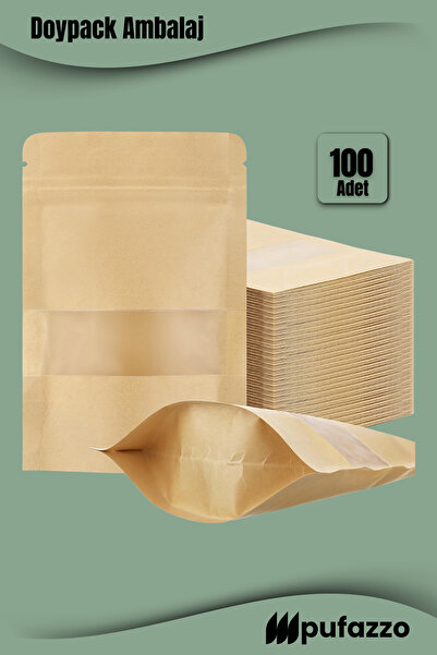 PUFAZZO Doypack Ambalaj - Kraft Dar Pencereli Kilitli Kese Kağıdı - Kahve Kur...