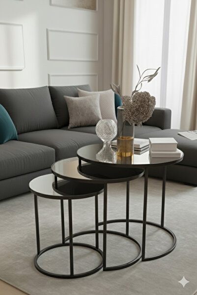 usta mekan Usta Siyah Metal Gümüş (DÜZ) Aynalı 3lü Zigon Sehpa