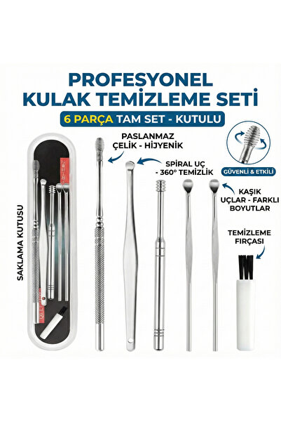 LOVYCO 6 Parça Hijyenik Kutulu Çelik Kulak Temizleme Seti Spiral Kulak Kiri T...