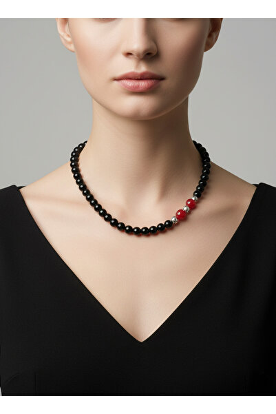 elinasaccessories 6mm Glossy Black Onyx Natural Stone Necklace with Red Agate...