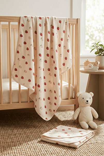 H HONEY BABY بطانية أطفال من القطن الممشط بطبقة مزدوجة ومطبوعة بالفراولة 100%...