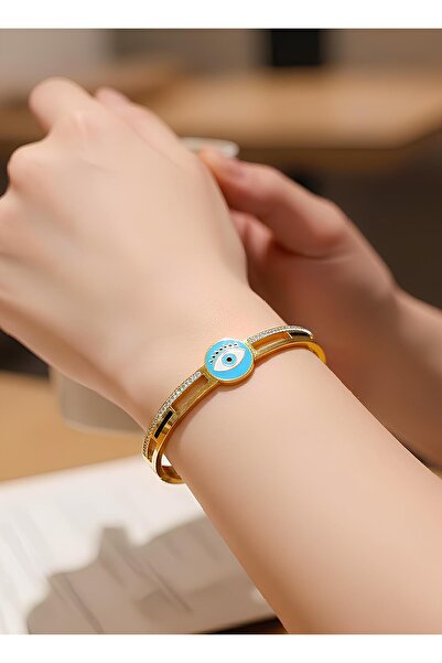 Bontexs Kadın Turkuaz Nazarlı  Kararmaz, Zirkon Taşlı Çelik Kelepçe