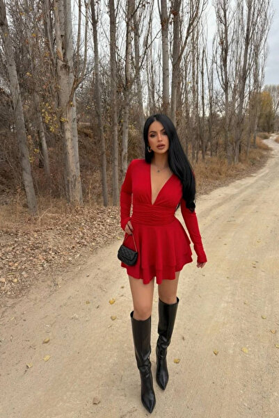 Afitapbutikmoda ZR Model V Yaka Fırfırlı Şortlu Mini Elbise