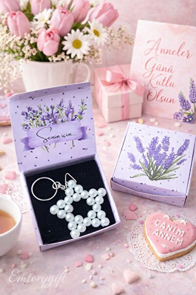 Emtory Home Senin İçin Mor Lavanta Kutulu Hediyelik İnci Anahtarlık - Kadınla...