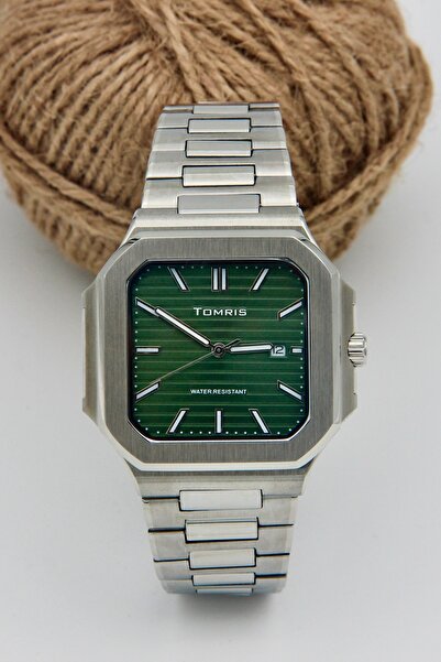 TOMRİS All Stainless Steel, Waterproof, with Calendar, Silver Band, Green Dia...