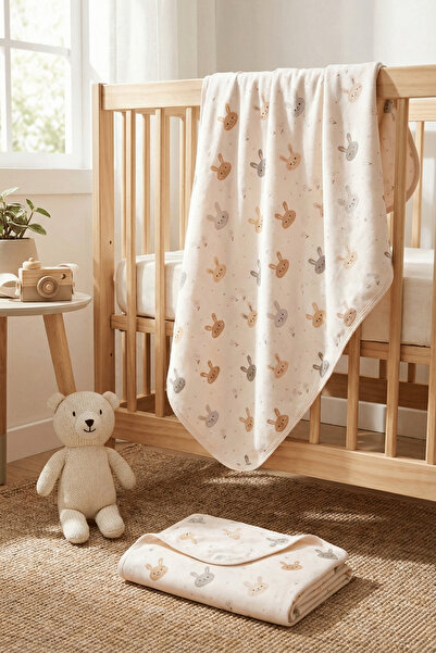 Genel Markalar Tavşan Baskılı Çift Katlı Penye Yenidoğan ve Çok Amaçlı %100 P...